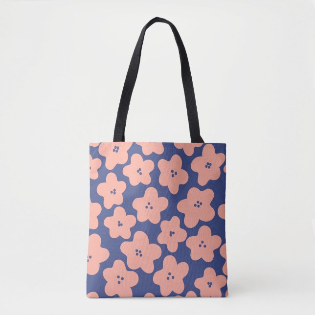 Funny pastel orange flowers on bright blue backgro tote bag (Front)