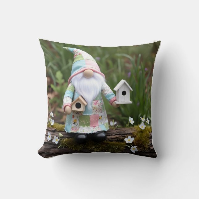 Funny Patchwork Gnome: Home Sweet Birdhouse Throw Pillow (Front)