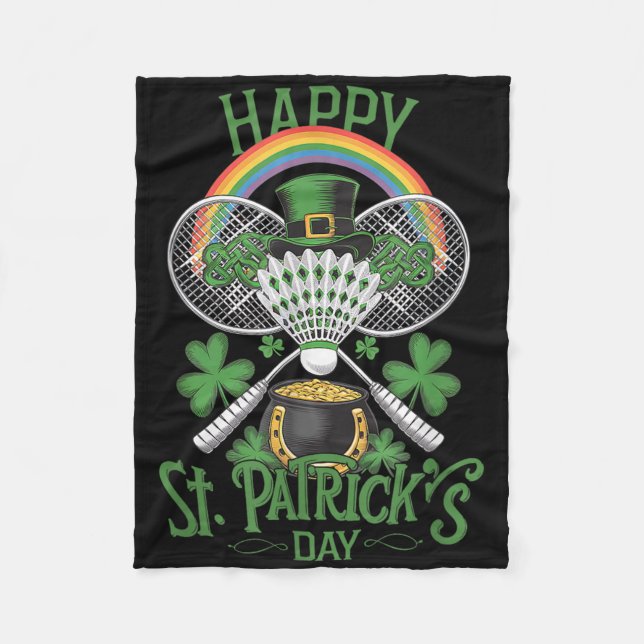 Funny Patricks Day Badminton Costume Four-leaf Clo Fleece Blanket (Front)