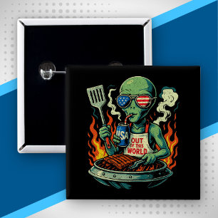 Funny Patriotic Alien Grilling Retro American BBQ 2 Inch Square Button