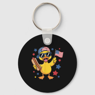 Funny Patriotic Duck Usa Flag 4th Of July Hotdog B Keychain