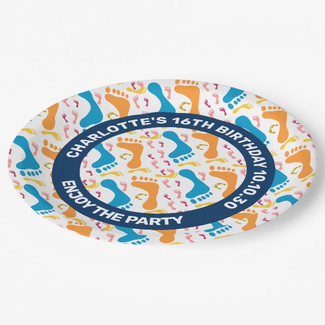 Funny Pattern Of Colourful Human Footprints Paper Plate (Angled)