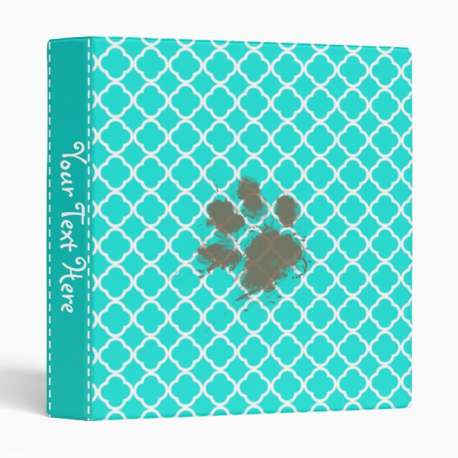 Funny Paw Print on Aqua Colour Quatrefoil Binder (Front/Spine)