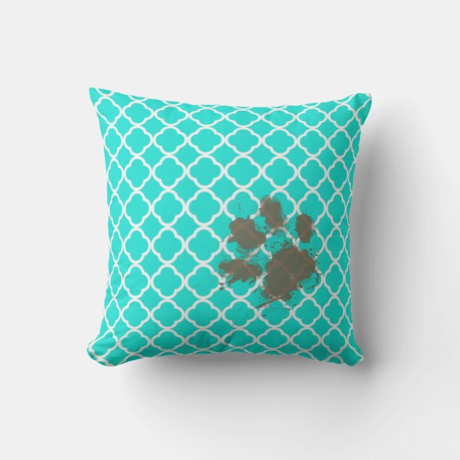 Funny Paw Print on Aqua Colour Quatrefoil Throw Pillow (Front)