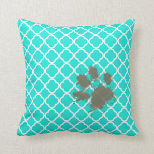 Funny Paw Print on Aqua Colour Quatrefoil Throw Pillow