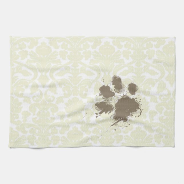 Funny Paw Print on Ivory Damask Pattern Kitchen Towel (Horizontal)