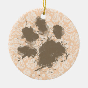 Funny Paw Print on Light Apricot, Peach Damask Ceramic Ornament