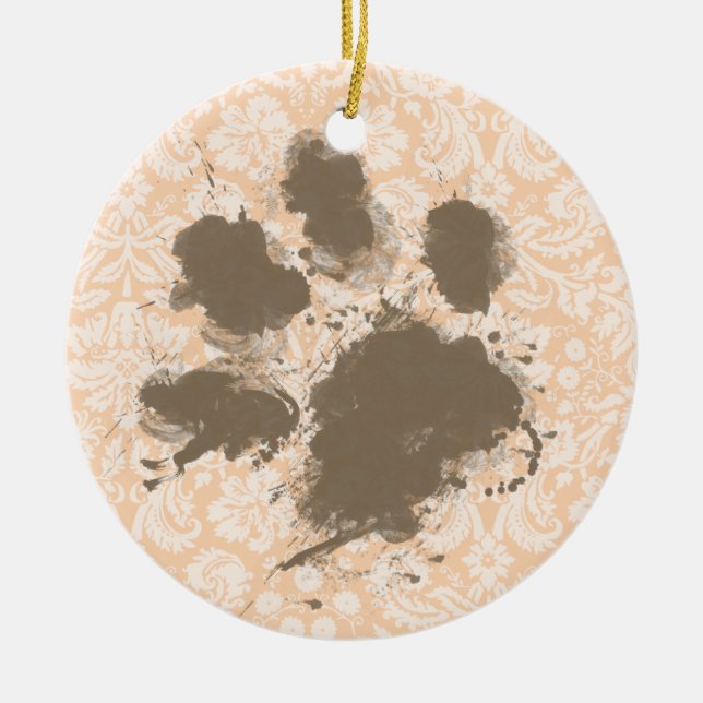 Funny Paw Print on Light Apricot, Peach Damask Ceramic Ornament (Front)