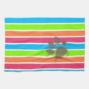 Funny Paw Print on Neon Stripes Kitchen Towel