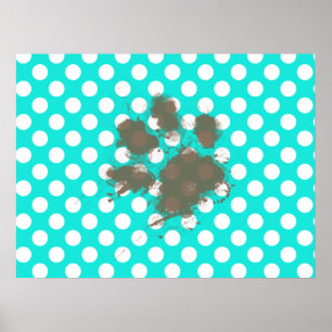 Funny Pawprint; Aqua Color Polka Dots Poster