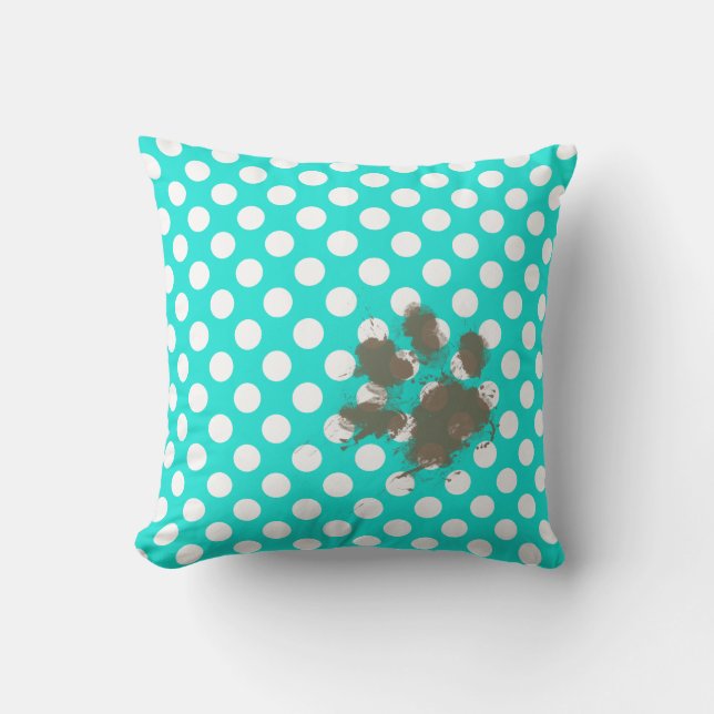 Funny Pawprint; Aqua Colour Polka Dots Throw Pillow (Front)