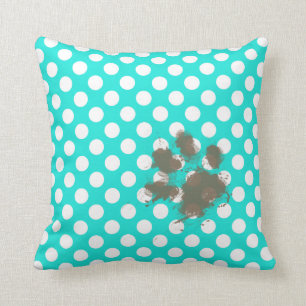 Funny Pawprint; Aqua Colour Polka Dots Throw Pillow