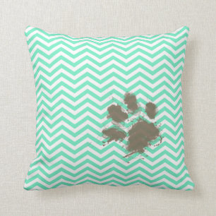 Funny Pawprint on Aquamarine Chevron Throw Pillow