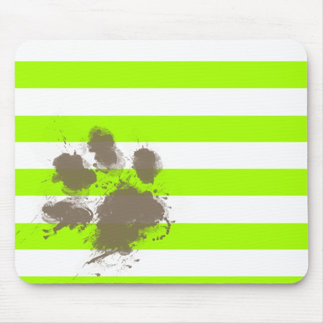 Funny Pawprint on Electric Lime Green Stripes Mouse Pad (Front)