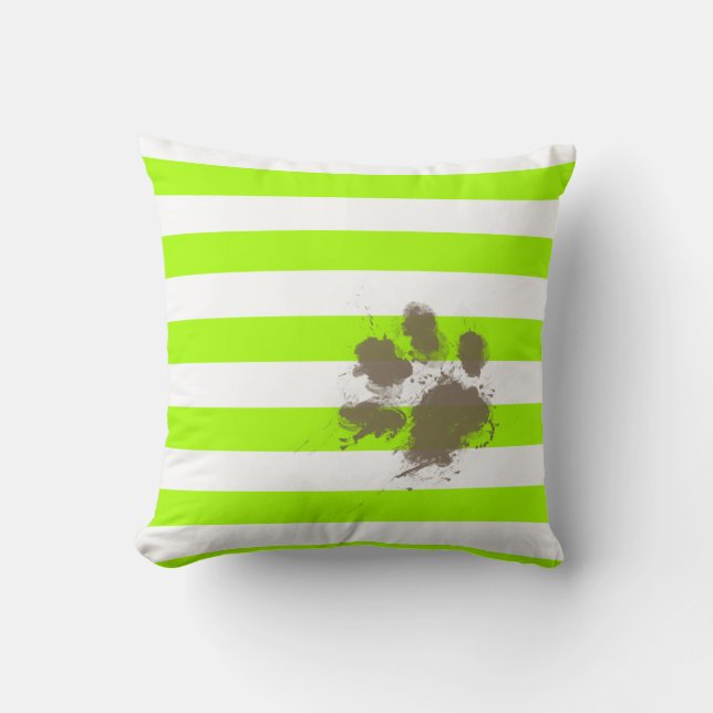 Funny Pawprint on Electric Lime Green Stripes Throw Pillow (Front)