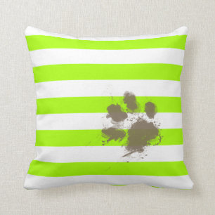 Funny Pawprint on Electric Lime Green Stripes Throw Pillow