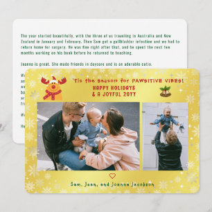 Funny Pawsitive Rudolph 2 Photos Minimalist Golden Holiday Card