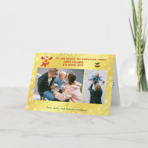 Funny Pawsitive Rudolph 2 Photos Minimalist Golden Holiday Card
