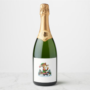 Funny Peace Hand Giraffe Elf Christmas Womens Mens Sparkling Wine Label