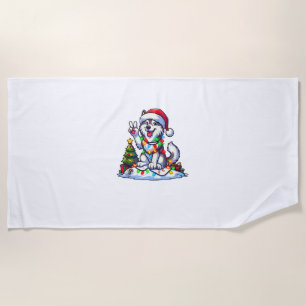 Funny Peace Hand Husky Christmas Lights Womens Men Beach Towel
