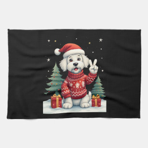 Funny Peace Hand Maltese Christmas Lights Womens M Kitchen Towel