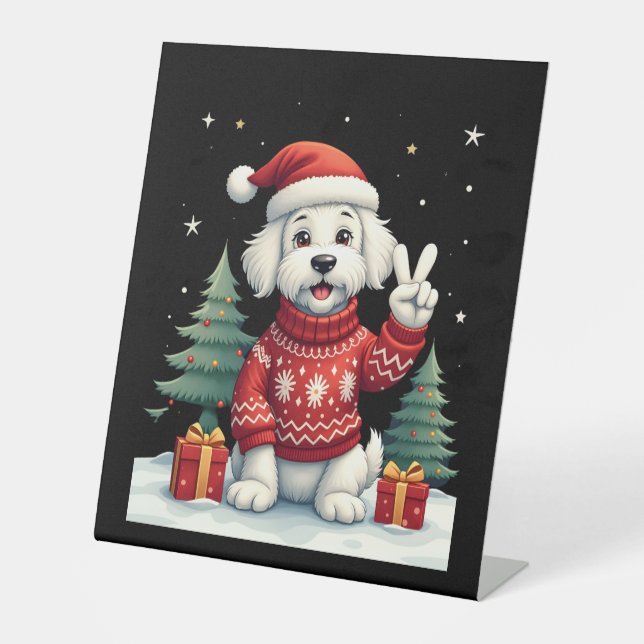 Funny Peace Hand Maltese Christmas Lights Womens M Pedestal Sign (Front)