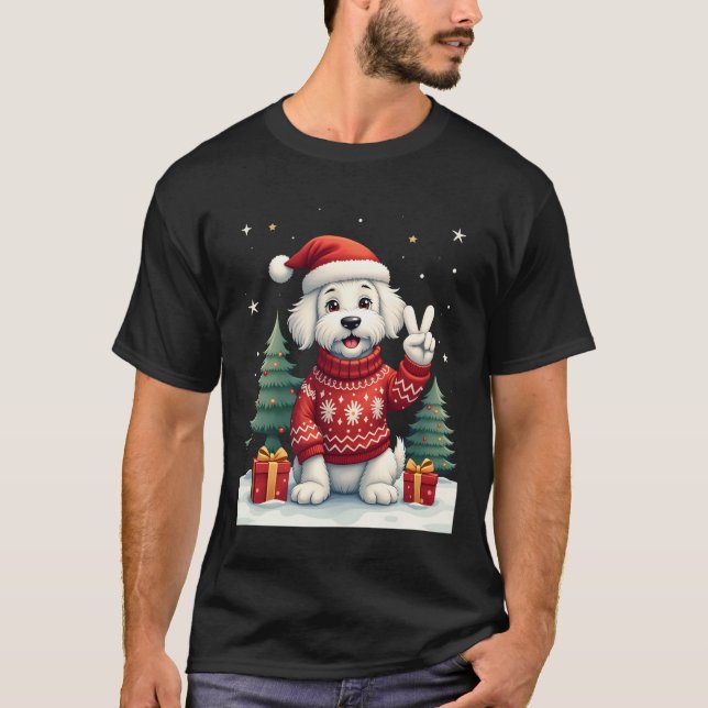 Funny Peace Hand Maltese Christmas Lights Womens M T-Shirt (Front)