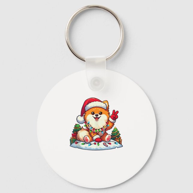 Funny Peace Hand Pomeranian Christmas Lights Women Keychain (Front)