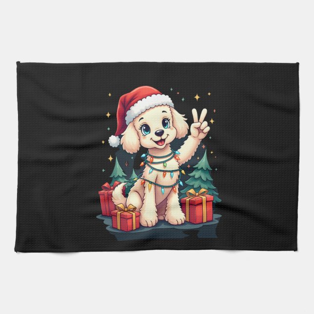 Funny Peace Hand Poodle Christmas Lights Womens Me Kitchen Towel (Horizontal)