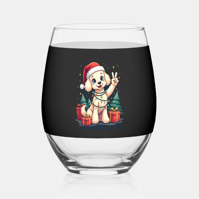 Funny Peace Hand Poodle Christmas Lights Womens Me Stemless Wine Glass (Front)