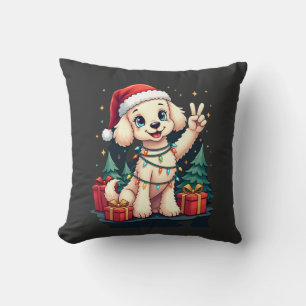 Funny Peace Hand Poodle Christmas Lights Womens Me Throw Pillow