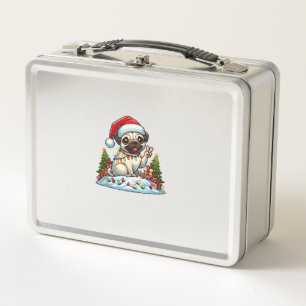 Funny Peace Hand Pug Christmas Lights Womens Mens Metal Lunch Box