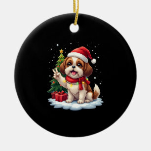 Funny Peace Hand Shih Tzu Christmas Lights Womens Ceramic Ornament