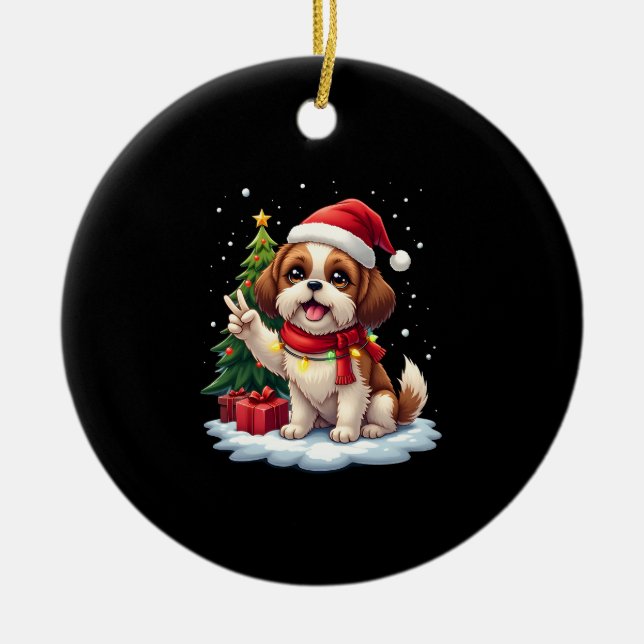 Funny Peace Hand Shih Tzu Christmas Lights Womens  Ceramic Ornament (Front)