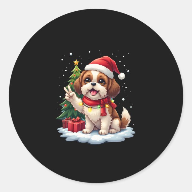 Funny Peace Hand Shih Tzu Christmas Lights Womens  Classic Round Sticker (Front)