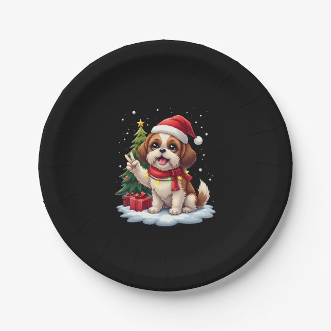Funny Peace Hand Shih Tzu Christmas Lights Womens  Paper Plate (Front)