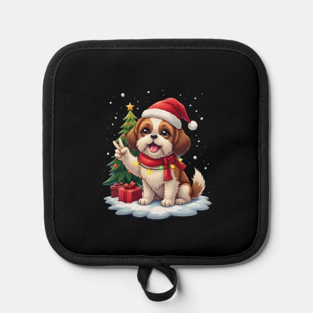 Funny Peace Hand Shih Tzu Christmas Lights Womens  Pot Holder (Front)