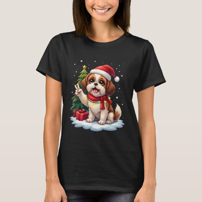 Funny Peace Hand Shih Tzu Christmas Lights Womens  T-Shirt (Front)