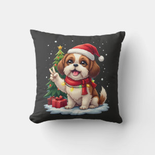 Funny Peace Hand Shih Tzu Christmas Lights Womens Throw Pillow