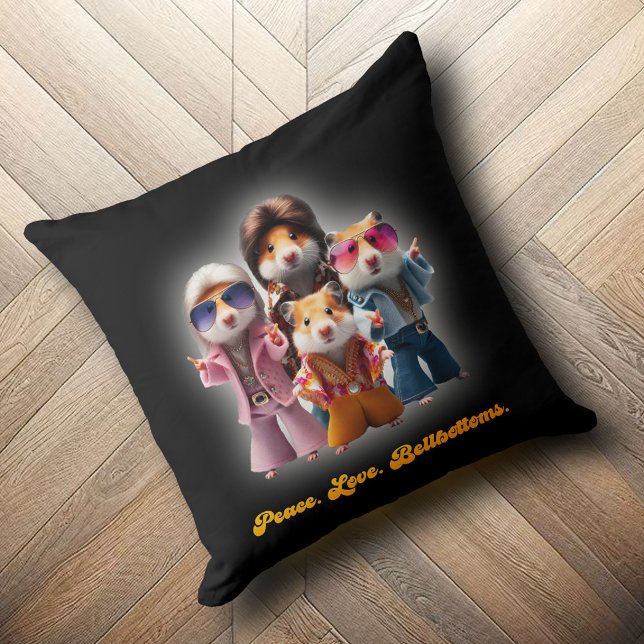 Funny Peace. Love. Bellbottoms. Hamster Supergroup Throw Pillow (Funny Peace. Love. Bellbottoms. Hamster Supergroup Throw Pillow Cover Photo)