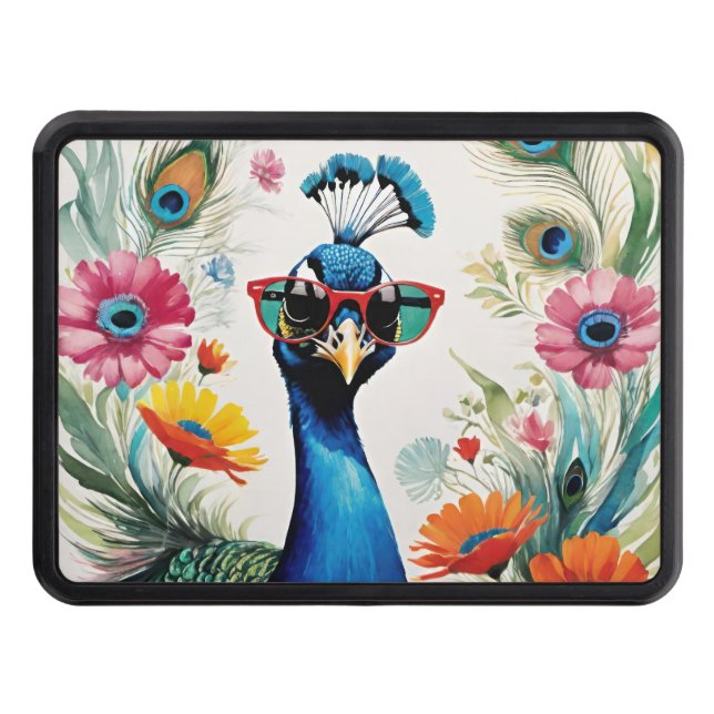 Funny Peacock Wearing Sunglasses Floral Trailer Hitch Cover (Front)