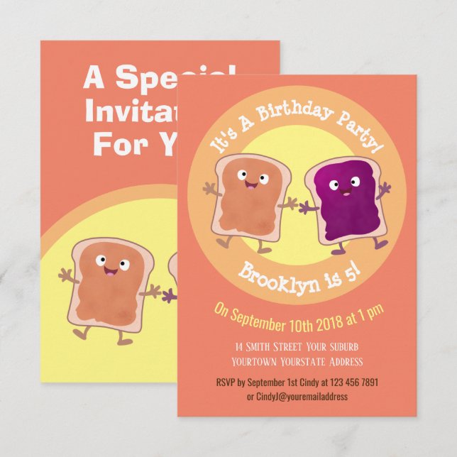 Funny peanut butter and jelly cartoon illustration invitation (Front/Back)