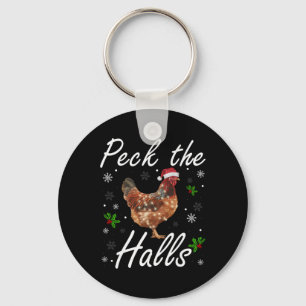 Funny Peck The Halls Christmas Chicken Snowflakes Keychain