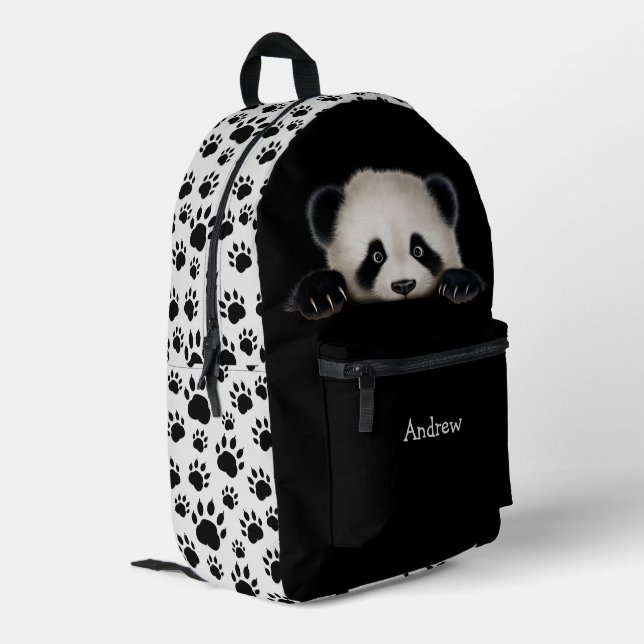 Funny Peeking Panda Bear with Tracks Printed Backpack (Back Corner Left)