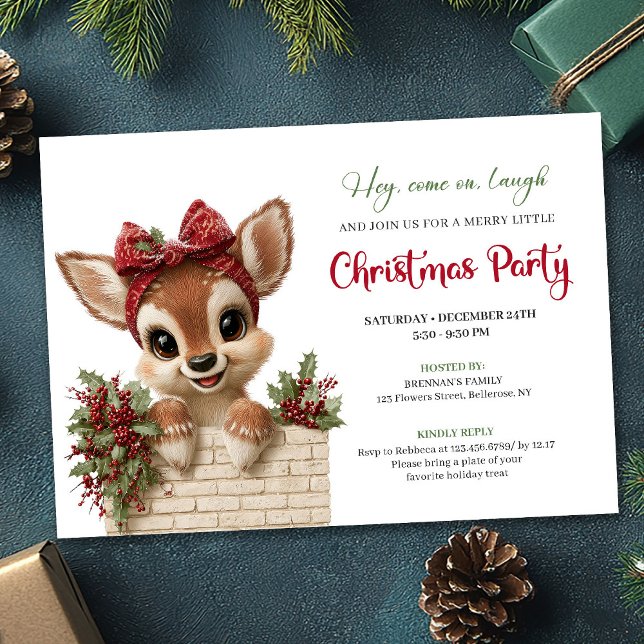 Funny peeking reindeer holiday kids party invites (Funny peeking reindeer holiday kids party invitation)