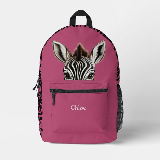 Funny Peeking Zebra Pink Printed Backpack (Front)