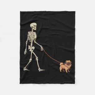 Funny Pekingese Skeleton Dog Walking Halloween Dog Fleece Blanket