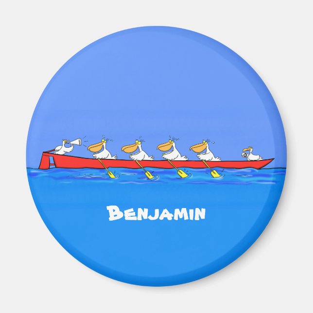 Funny pelican rowing team cartoon illustration magnet (Front)