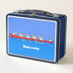 Funny pelican rowing team cartoon illustration metal lunch box