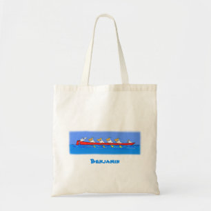 Funny pelican rowing team cartoon illustration tote bag